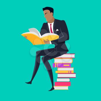 Getting on top of knowledge vector concept. Flat design. Man character in business suit seating on pile of books. Self-education, self development and literature reading concept. On blue background. 