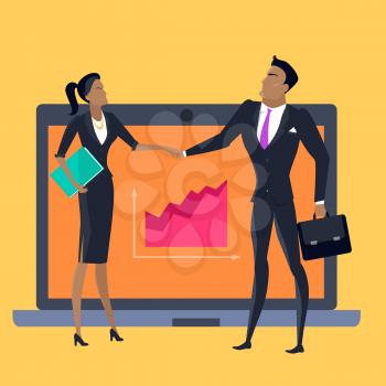 Teamwork vector concept. Flat style design. Gender equality in business. Businessman and businesswoman holding hands, laptop with growth diagram on background. Informational technologies for success. 