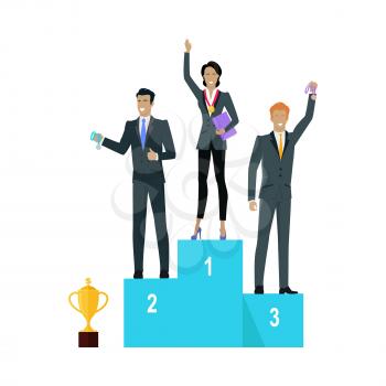 Successful team banner. Professional growth. People standing on winners podium. Prize place. Trophy gold cup. Successful team achieves best results working together. Vector illustration