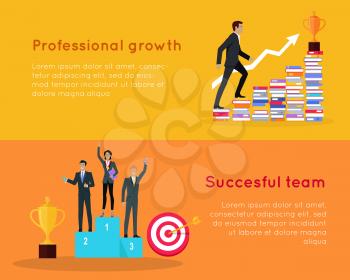 Professional growth and successful team banners. Lifelong learning. Successful team achieves best results working together. Business education in corporate office work. Vector illustration