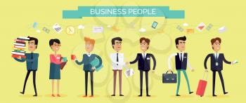 Business people concept vector in flat style. Collection of office situations and people work interactions. Business trip, partnership, paper work, coffee break illustrations for corporate ad.