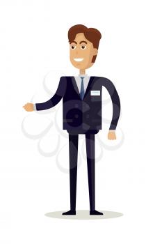 Businessman character vector. Flat design. Smiling man in business suite reaches out. Seller, assistant, manager, clerk, merchandiser, vendor, salesperson, consultant illustration. Isolated on white.