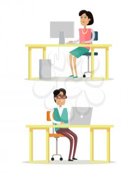 Computer work concept vector in flat design. Woman and man seating under table and working on computer and laptop. Office routine, business in internet, daily tasks illustrating. isolated on white.  