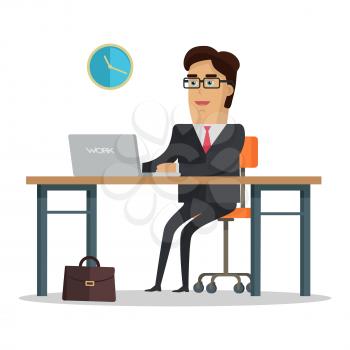 Office work at computer concept vector in flat design. Businessman seating under table and working on laptop. Office routine, business in internet, daily tasks illustrating. On white background