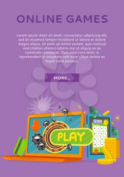 Online games conceptual web banner. Flat style vector. Laptop with playing roulette, chips on screen, credit card and gold coins near. For gambling online services sites design. On violet background