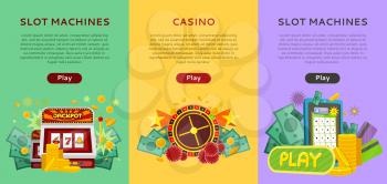 Set of gambling vector banners. Flat style. Slot machines, casino vertical concepts illustrations with gambling attributes, equipment, money for gambling online services sites and landing pages design