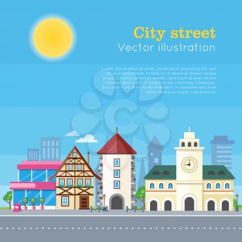 City street vector illustration. Urban city landscape at daytime. Building architecture in unusual fashionable design. Modern town with extraordinary buildings. Metropolis panorama. Flat style design
