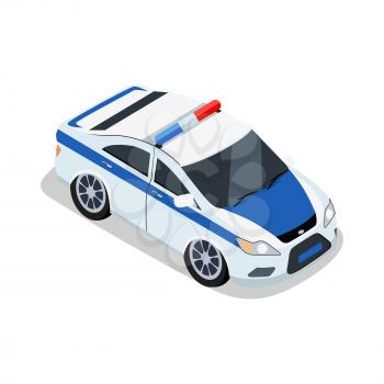 Police car illustration in isometric projection. Emergency car picture for safety concepts, web, applications icons, infographics, logotype design. Isolated on white background.  