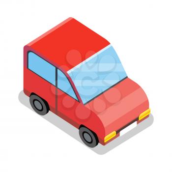 Red car icon. Isometric Red city car with shadow. City service transport. Isometric car web infographic. Modern vehicle. City isometric object in flat. Isolated vector illustration on white background