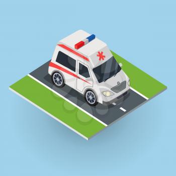 Ambulance car on the road. Top view on emergency medical evacuation machine. Flat 3d isometric high quality city service ambulance car. First aid transport. Part of series of city isometric. Vector