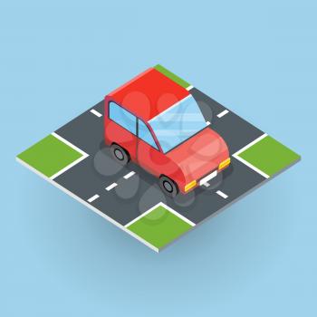 Flat 3d isometric red car on isometric part of road . City transport icon. Motor icon. Isometric part of the city infrastructure. Isometric car icon. Isometric automobile. Machine icon