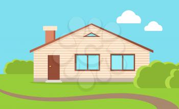 Big family house. Beige house with brown roof. Home house in flat design style. Colorful residential hous. Vacation home, building, house exterior, real estate, family house, modern house.
