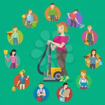 Cleaning service round icon set. Man and woman with cleaning equipment and detergent. Cleaning staff characters. House cleaning service, professional office cleaning, home cleaning illustration.