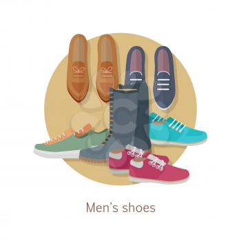 Men s shoes. Stylish footwear for man. Boots athletic shoes, casual footwear. Loafers. Dress boots. Work boots. Chukkas. Duck boots. Gym sneakers. Slippers. Boatshoes Autumn winter collection Vector