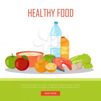 Healthy food banner isolated on white background. Organic natural food. Consumption of high quality nourishment food. Part of series of promotion healthy diet and good fit. Vector illustration