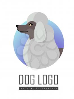 Dog logo vector illustration of white standard Poodle isolated. Single layer coat no undercoat is present composed of dense, curly fur. Medium size breed. Considered as hypoallergenic. Vector