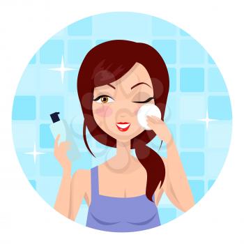Girl cleaning and care her face, facial, treatment, beauty, healthy, hygiene, lifestyle. Cleaning makeup. Skin care. Beautiful woman in process of washing face. Girl in blue shirt