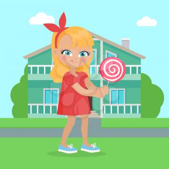 Girl holds lollipop in her hands in front of houses. Little girl has leisure time. School girl during break. Young lady at playground, playing. Tasty candy. Delicious sweet. Daily activity. Vector