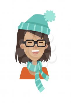 Happy smiling girl with short brown hair in square glasses, blue hat with pom-pom and blue striped scarf isolated on white background. Girl avatar cartoon character. Flat style. Vector illustration.