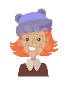 Vector portrait of smiling young pretty woman in blue hat and brown blouse with collar in white background. Red-Haired happy cartoon girl in a funny clothes. Vector illustration. Blue hat with ears.