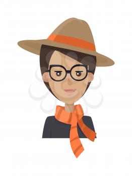 Portrait of stylish bussines woman in cartoon style with brown hair in white background. Young lady in brown hat with orange ribbon and orange scarf. Girl in black glasses. Vector illustration.