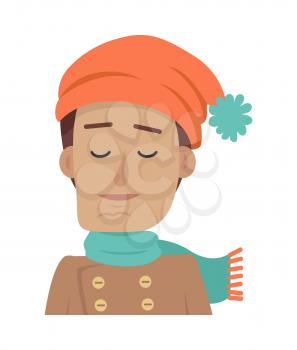 Cartoon portrait of young calm boy on white background. Man with brown hair in orange hat with blue pompom and blue scarf. Guy in cold weather. Handsome boy with closed eyes. Vector illustration.