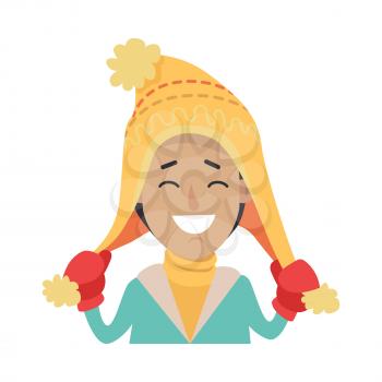 Hat. Happy smiling boy with yellow cap on head. Male holding endings of hat in two hands in red mittens. Knitted hat with stripes. Yellow sweater. Green jacket. White background. Vector illustration