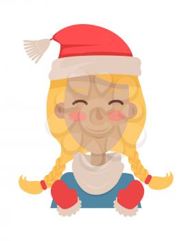 Hat. Happy young girl wearing santa claus red hat. Smiling girl with flush on face and two braids. Red and white hat. Red mittens. Blue blouse. White background. Flat design. Vector illustration