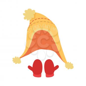 Hat. Icons with yellow soft headwear and red right and left mittens. Hat with long edges. Warm and contemporary winter knitted head clothing on white background. Flat design. Vector illustration.
