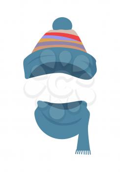 Hat. Colourful striped headwear in triangle shape and twisted around scarf with one short end. Warm and stylish winter cap and scarf on white background and flat design. Vector illustration.