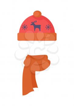 Hat. Red headwear with blue deer and two snowflakes. Warm hat and orange scarf twisted on the left side. White background. Modern winter wearing with cartoon animal. Flat design. Vector illustration