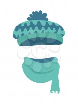 Hat. Modern warm blue-green hat and long scarf. Contemporary headwear t with many colourful waves. Soft bright scarf with short lines on white background and flat design. Vector illustration