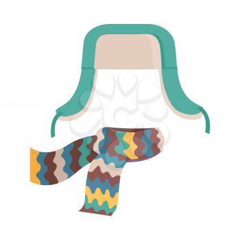Hat. Headwear with long ear flaps and bright, colourful scarf. Green and white hat. Scarf with yellow, red, brown, green, violet waves on white background. Flat design. Vector illustration