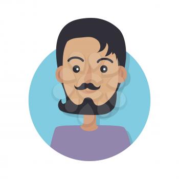 Avatar userpic icon. Young man without any headwear with dark hair wearing black mustache and dark beard. Violet sweater. Isolated male in blue circle on white in flat design. Vector illustration.