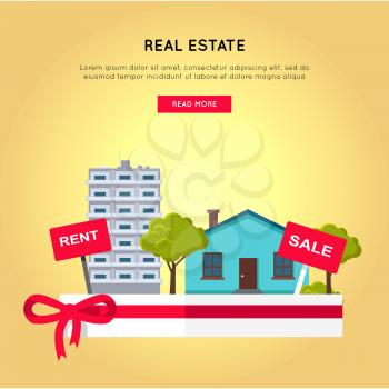 Real estate vector web banner in flat design. Salver with houses, trees, rent and sale signs on it.  Illustration for real estate company web page design, advertising, housing concepts.