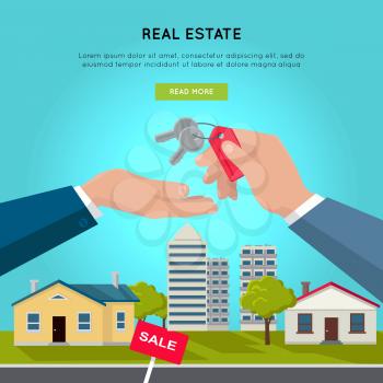 Real estate vector web banner. Flat style. Giving key from hand to hand with city landscape on background.  Illustration for real estate company web page design. Selling and buying a place for living.