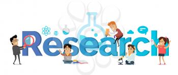 Research banner. Education concept. Flat style. Scientist, teacher, student characters on white background and letters. Physics, biology, astronomy literature engineering math illustration