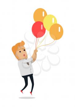 Man flying on color balloons. Frightened man flying holding balloons bunch filled with helium flat vector isolated on white background. Preparing for holiday concept. For festive agency ad