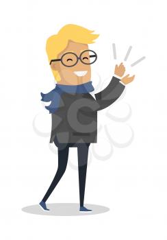 Recognition of success. Smiling man in glasses, business suit and scarf applauding flat vector illustration isolated on white background. For business, cultural, people emotions concept