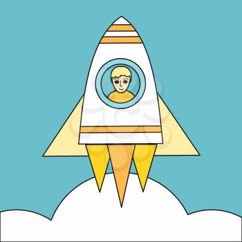 Space rocket launch vector. Flat style. Man flying aboard a spaceship. Startup, project, idea realization launching, career progression concept. Illustration for web, app icons, logotype design. 