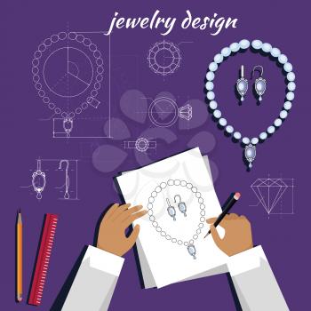 Jewerly production sketch banner. Jewelry designer works on hand drawn sketch of necklace and earrings. Draft outline of diamond unit design. Project of brilliant ornamental chain and earrings. Vector