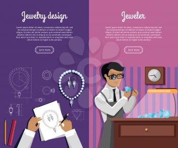 Set of jewelry vector web banners. Jewelry design and jeweler concepts in flat style. Man working with drawings and precious stones. Illustration for jewelry studio web site landing pages design