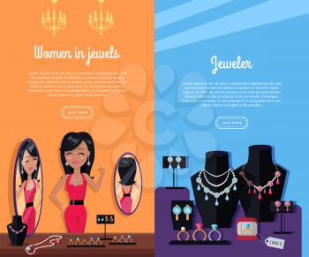 Women in jewels and jeweler template poster. Jewelry banner concept design. Diamond and jewellery on model, necklace and jewels, jewelry model, ring fashion jewelry, store jewelry shop window. Vector