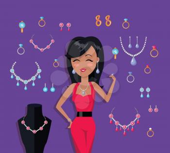 Beautiful woman with jewelry collection. Golden and silver jewelery set. Necklaces, rings and earrings with gemstone. Jewelry icon. Mannequin with necklace. Isolated vector illustration in flat.
