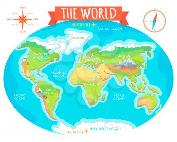 The World geographical map. Names of continents, oceans. North and South America, Europe, Asia, Australia, Africa, Antarctica. Vector illustration. Pacific Ocean Atlantic Ocean Indian Arctic Ocean