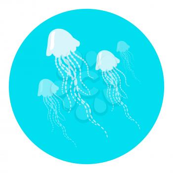 Monochrome jellyfishes floating in water in round button. Gelatinous jellyfish with long tentacles. Marine creature floating in water. Inhabitant of underwater world. Flat style. Vector illustration
