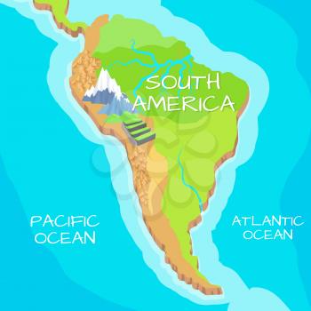 South America isometric map with natural attractions. Cartography nature concept. Geographical map with local relief. North America continent between Pacific and Atlantic ocean. Vector illustration