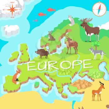Europe isometric map with flora and fauna. Cartography concept with nature. Geographical map with local fauna. Europe part of continent with mammals and sea life. Vector illustration for kids