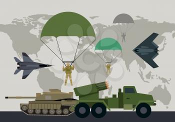 Different types of armed forces. Paratroopers, fighter jet, bomber, tank, reactive artillery flat vector illustrations world map on background. For warfare concepts, military service contract ad