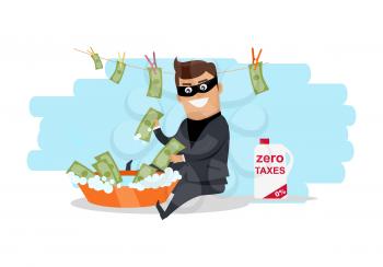 Money laundering concept vector. Flat design. Financial crime, tax evasion, money laundering, political corruption illustration. Man in a business suit, in mask washes the money in bowl with water.